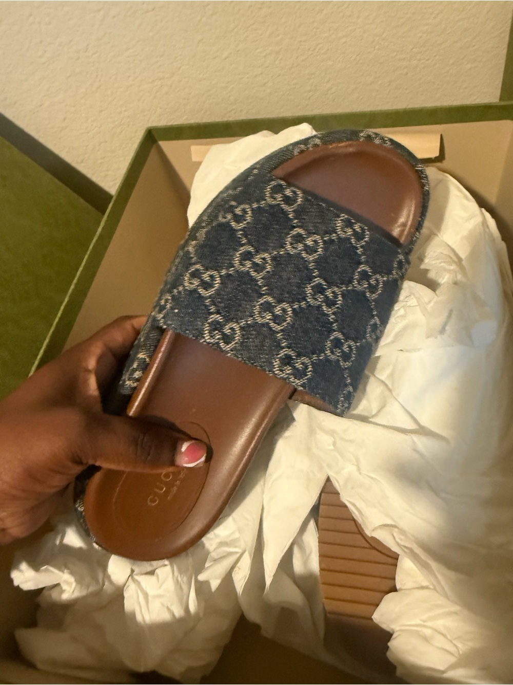 Gucci Denim GG Logo Slide Sandals in Blue with Brown Footbed - Picture 4 of 5
